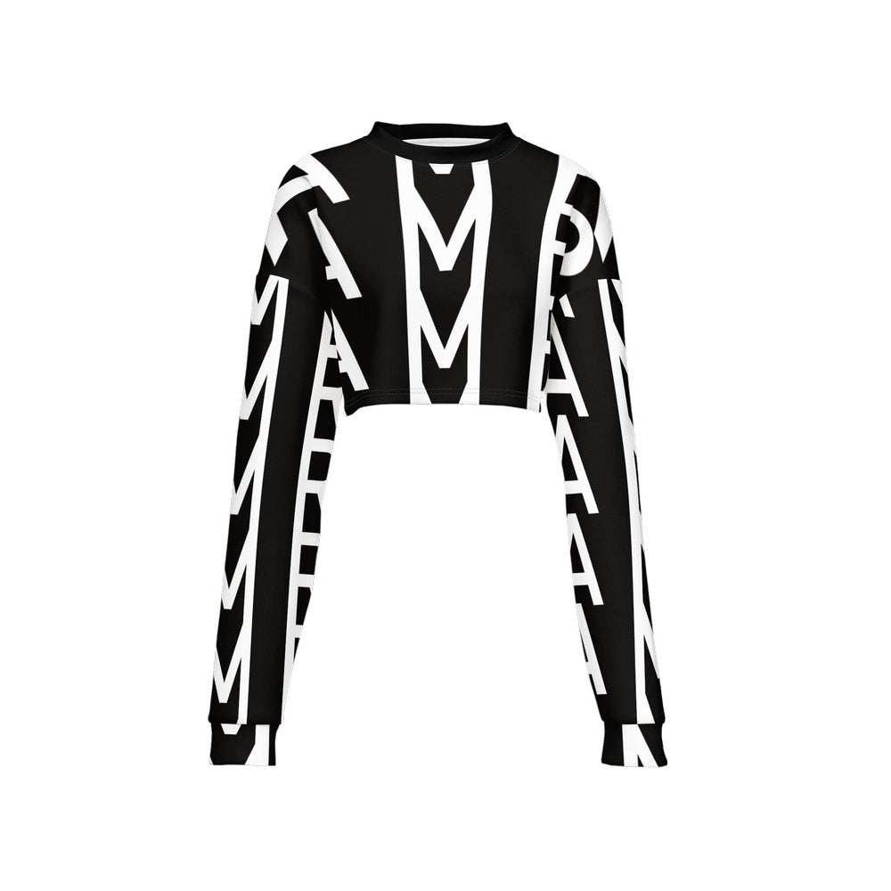 Black AM RADIO Monogram Crop long sleeve top with white monogram print, made from eco-friendly recycled fabric