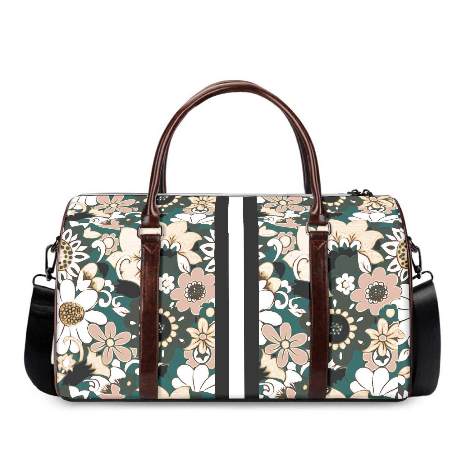 AM Weekender bag with retro floral print, high density canvas, unisex travel carry-on with reinforced zipper pocket and organized interior slots