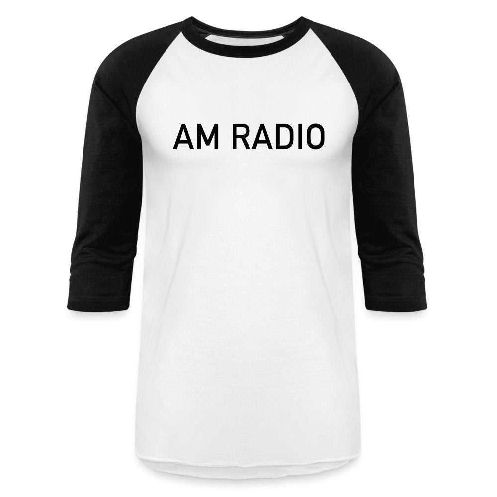 Baseball T-Shirt with black raglan sleeves and AM RADIO print, 100% cotton retro style tee