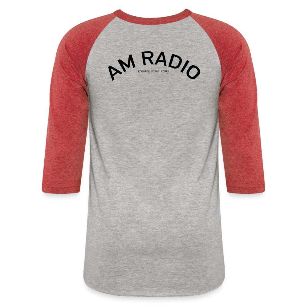 Unisex raglan tee with contrasting red ¾ length sleeves and AM RADIO logo on heather gray body