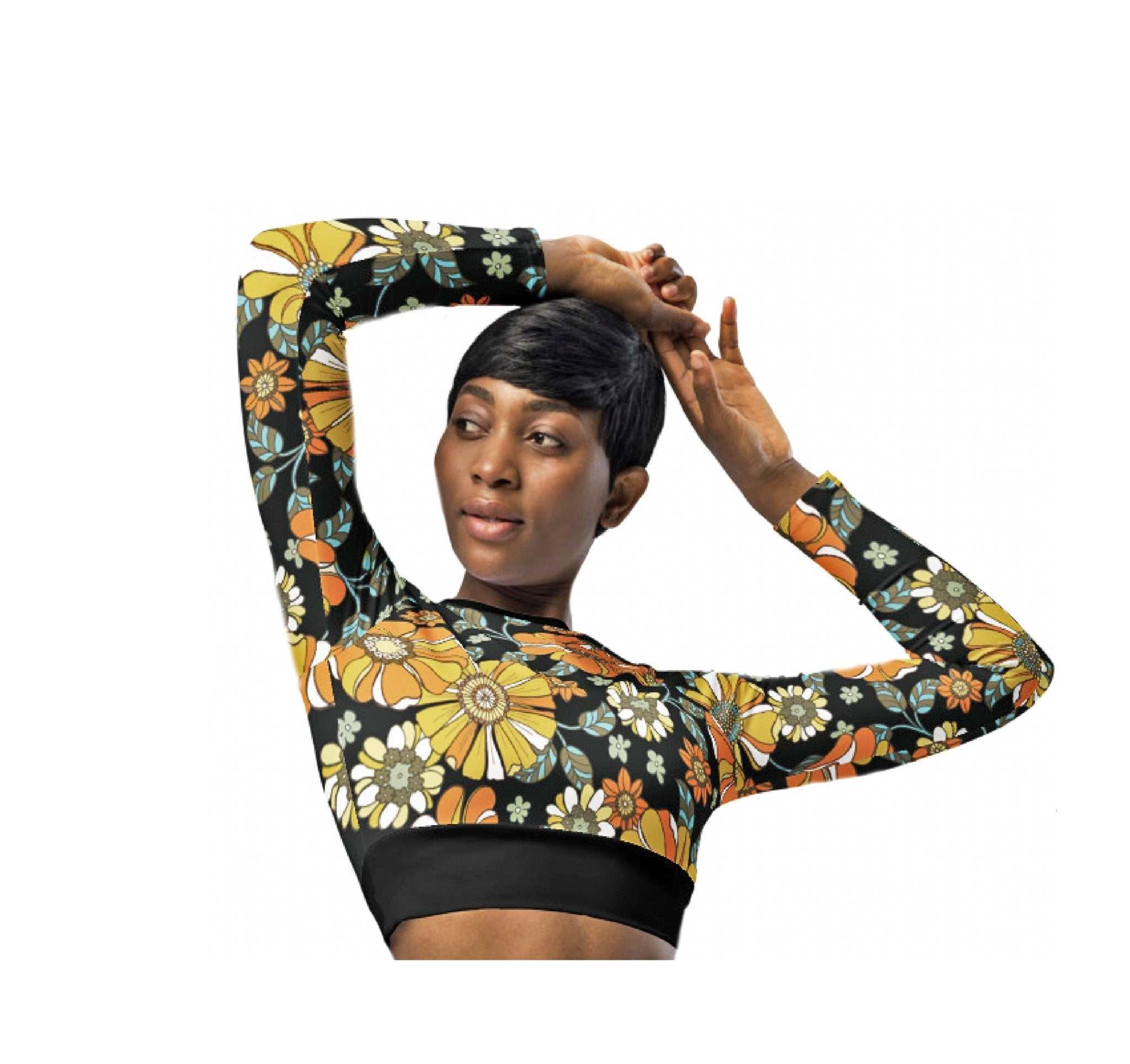 Eco-friendly long-sleeve crop top with floral print and wide waistline band