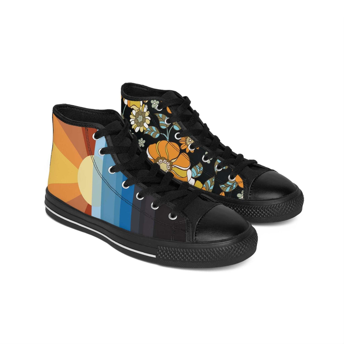 High-top canvas sneakers with AM sunrise and retro floral prints, durable nylon canvas, and rubber outsole.