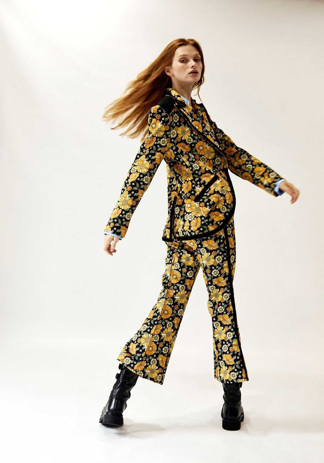 One Button Hunter Blazer with floral pattern, cutaway hem, velvet taping, and hunting shoulder patches in sustainable fabric