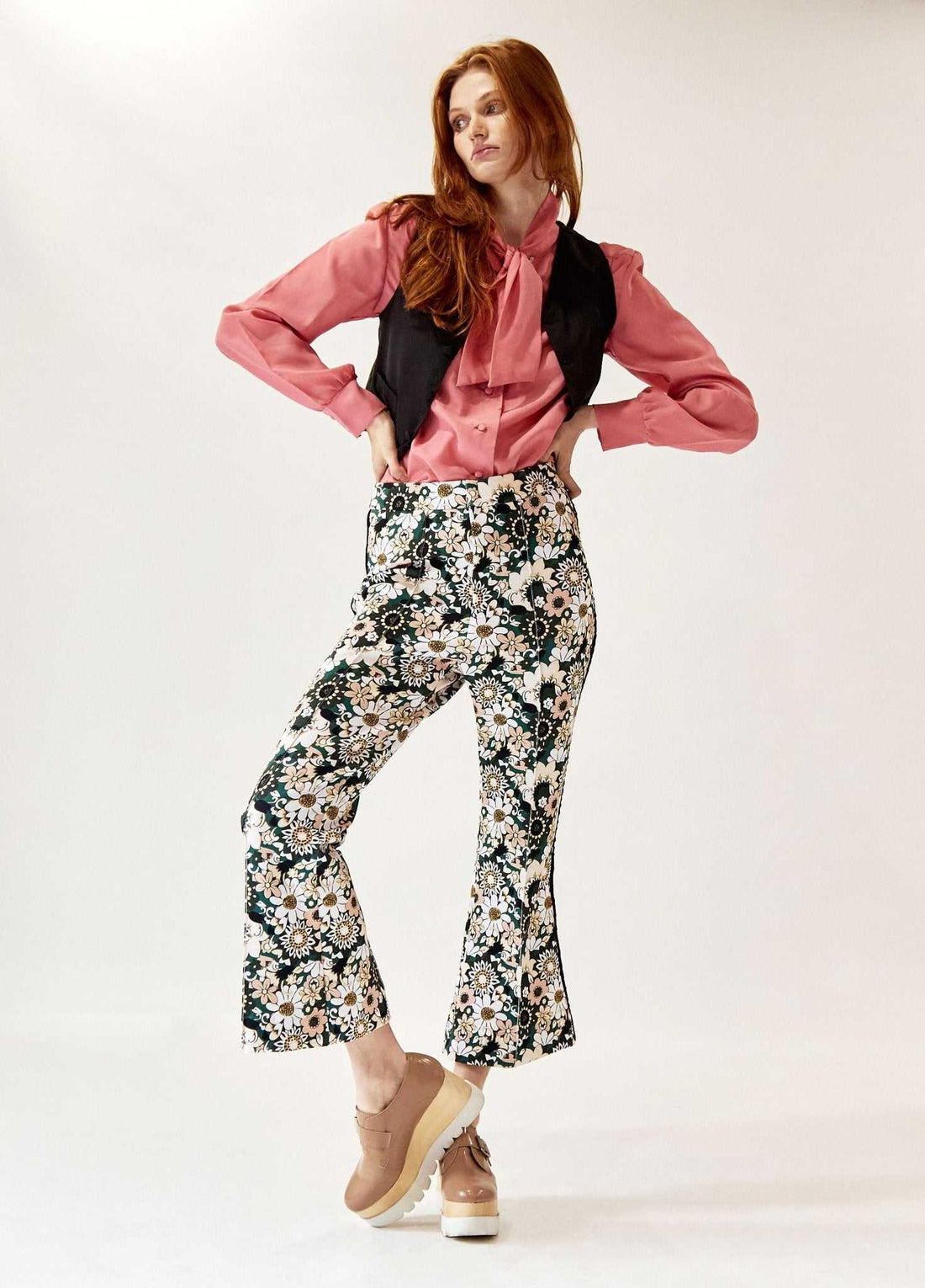 Model wearing floralette Pintuck Retro Flair Pant with cropped hem and pintuck creases in sustainable fabric