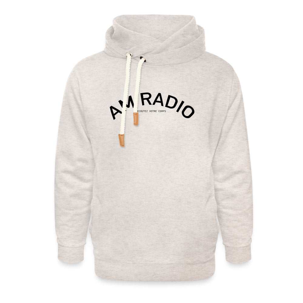 Cream shawl collar hoodie with AM RADIO text, cotton-poly blend and braided drawcord with leather tips