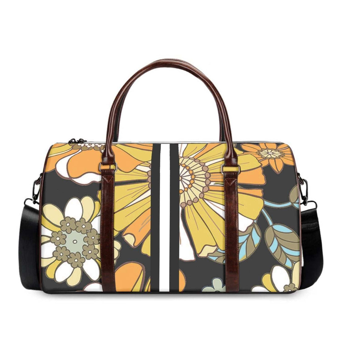 The AM Weekender luxury retro print canvas travel bag with floral design and brown handles