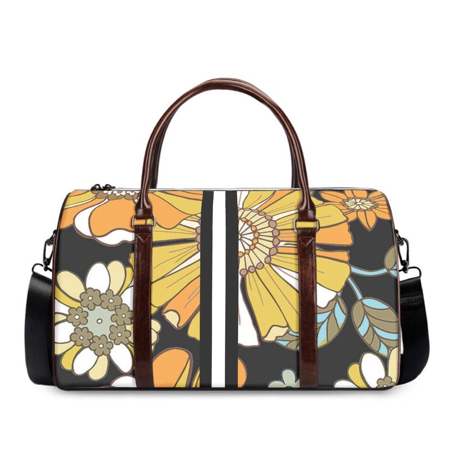 The AM Weekender luxury retro print canvas travel bag with floral design and brown handles