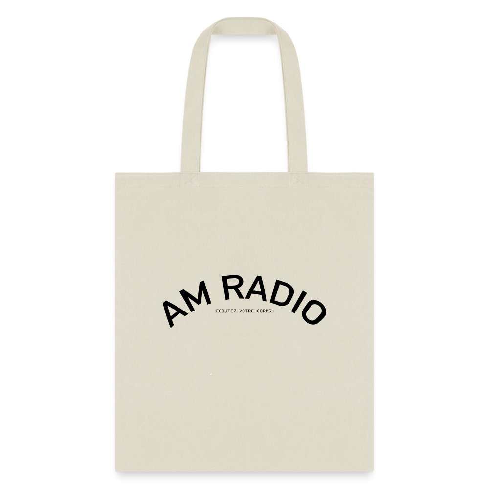 AM LE PETITE TOTE small 100% cotton canvas tote bag with AM RADIO print, beige color, 15.5x14.5 inches, spot clean only