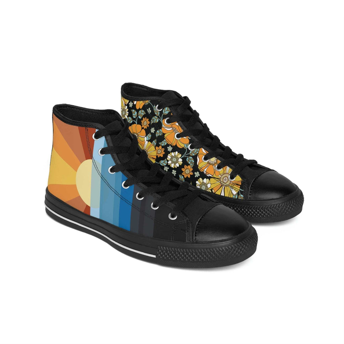 High-top canvas sneakers with AM sunrise and retro floral prints, durable rubber sole, womens sizing Wake Up in the AM Kicks